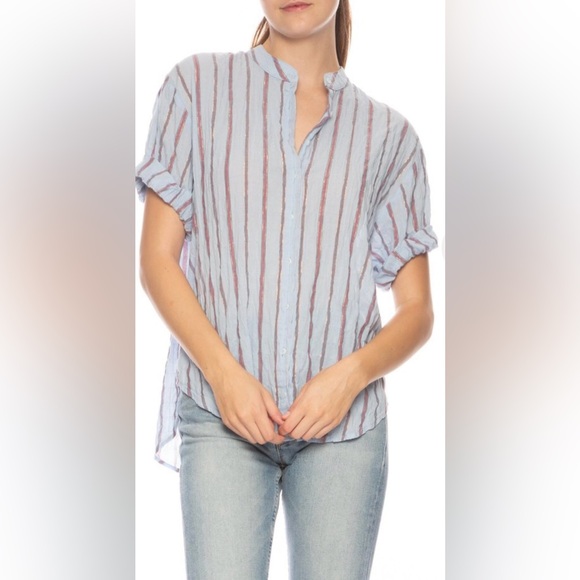 Xirena Striped Cotton Button Front Tunic Shirt Blue Oversized Short Sleeve Small - Picture 4 of 12
